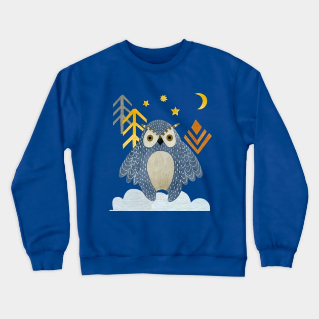 Blue night owl, owl illustration Crewneck Sweatshirt by LollysLane